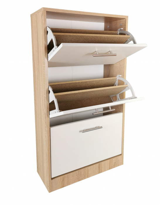Pantofar Arezzo cu trei sertare, stejar alb si alb, 63x24x117 cm [4]