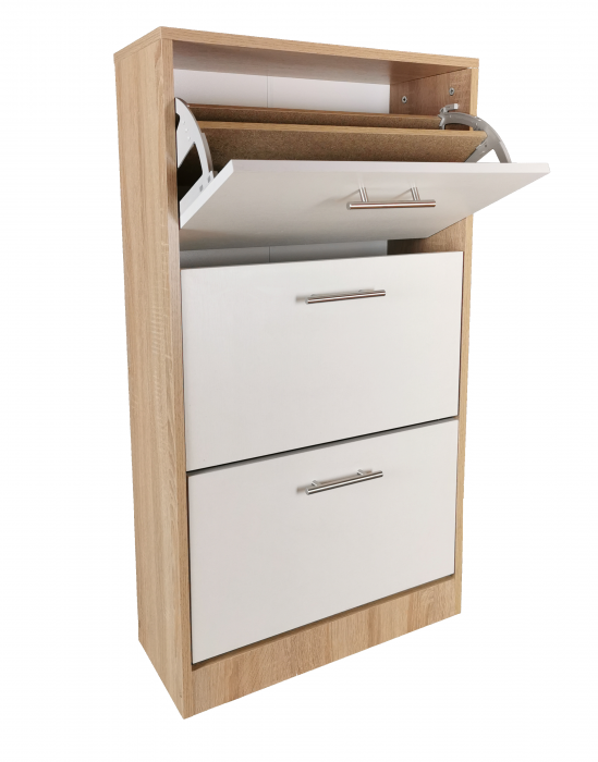 Pantofar Arezzo cu trei sertare, stejar alb si alb, 63x24x117 cm [3]