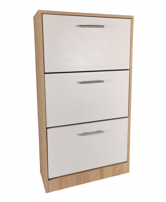 Pantofar Arezzo cu trei sertare, stejar alb si alb, 63x24x117 cm [2]