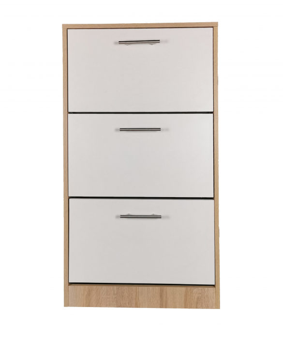 Pantofar Arezzo cu trei sertare, stejar alb si alb, 63x24x117 cm [1]