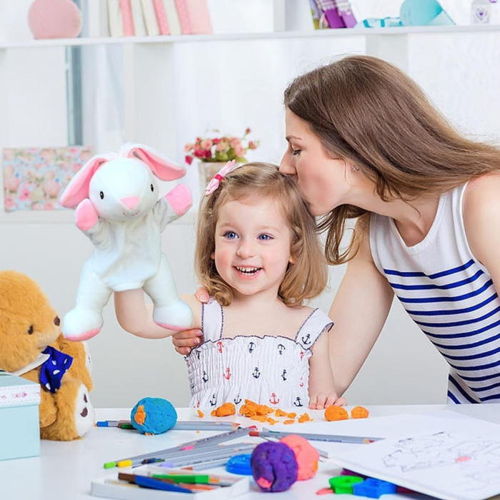 Papusa de Mana pentru Teatru de Papusi, Flippy, din Plus, 25 x 10 x 8 cm, Model Iepure, Alb/Roz [3]