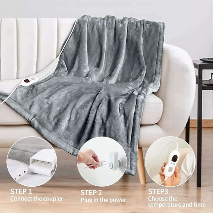 Patura Cu Incalzire Electrica, Flippy, 135 W, 180x130 cm, 6 Trepte De Incalzire, Flanel, Gri [6]