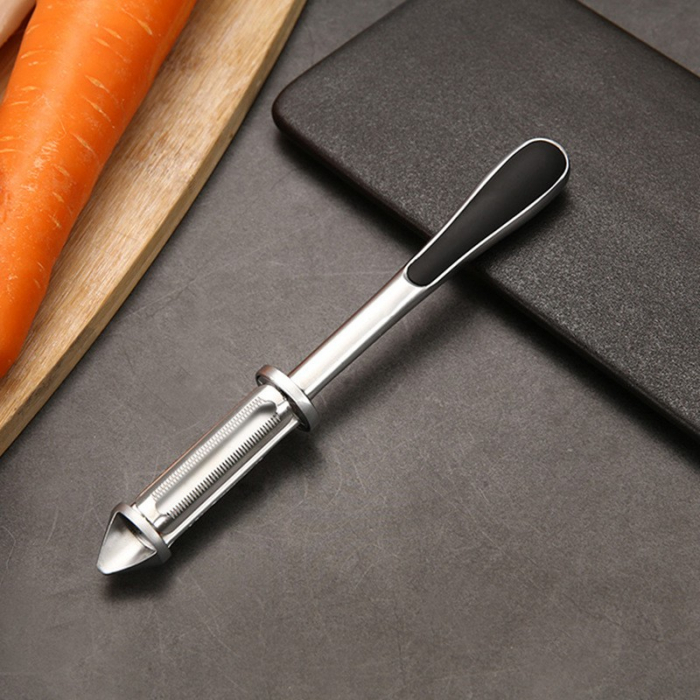 Peeler 2in1 pentru Legume si Fructe, Flippy, Multifunctional, cu 2 Lame de Curatati si Feliat, Varf Ascutit pentru Gaurit, 18 cm, din Otel Inoxidabil, Argintiu/Negru [9]