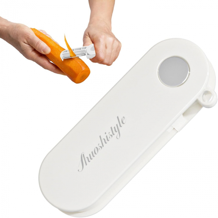 Peeler pentru Legume si Fructe, Flippy, 3.6 x 9.1 cm, Multifunctional, Curatator Pliabil, din ABS si Otel Inoxidabil, Alb [3]