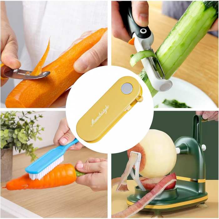 Peeler pentru Legume si Fructe, Flippy, 3.6 x 9.1 cm, Multifunctional, Curatator Pliabil, din ABS si Otel Inoxidabil, Galben [3]