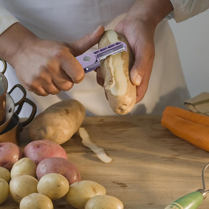 Peeler pentru Legume si Fructe, Flippy, 3.6 x 9.1 cm, Multifunctional, Curatator Pliabil, din ABS si Otel Inoxidabil, Mov [6]