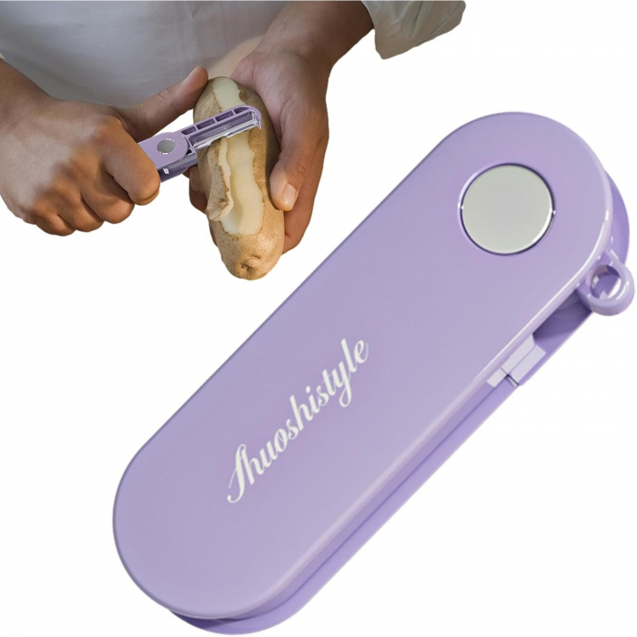 Peeler pentru Legume si Fructe, Flippy, 3.6 x 9.1 cm, Multifunctional, Curatator Pliabil, din ABS si Otel Inoxidabil, Mov [7]