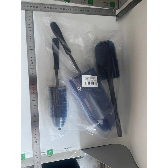 Set 3 Piese pentru Cosmetica Auto, Flippy, din Plastic si Otel, Maner Ergonomic, Perie Butuc, Anvelope, Detalii, Albastru [2]