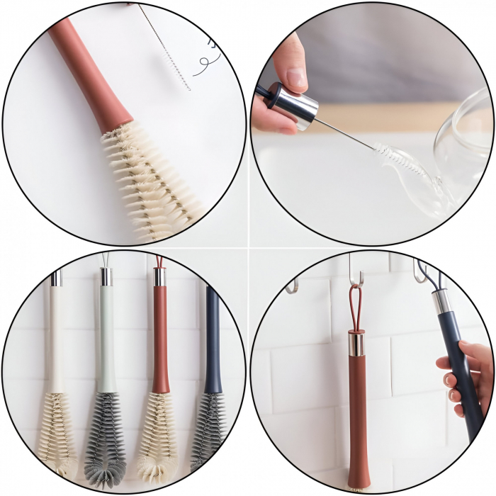 Perie de Curatat Pahare, Sticle, Biberoane, Flippy, cu Maner Lung, Uz Casnic, Silicon, Ergonomic, 3.9x5.4x38.5cm, Rosu [5]