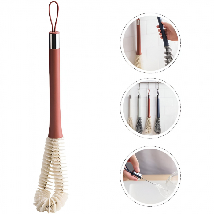 Perie de Curatat Pahare, Sticle, Biberoane, Flippy, cu Maner Lung, Uz Casnic, Silicon, Ergonomic, 3.9x5.4x38.5cm, Rosu [3]