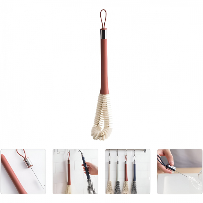 Perie de Curatat Pahare, Sticle, Biberoane, Flippy, cu Maner Lung, Uz Casnic, Silicon, Ergonomic, 3.9x5.4x38.5cm, Rosu [7]
