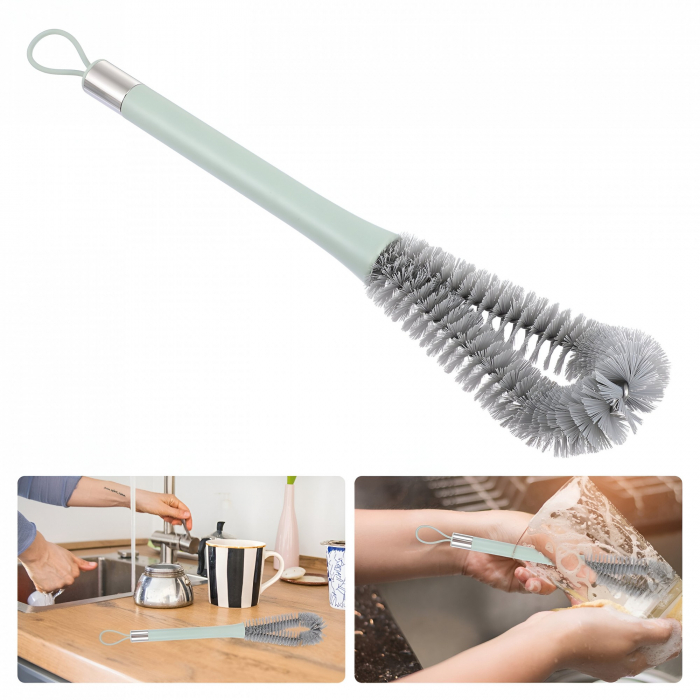 Perie de Curatat Pahare, Sticle, Biberoane, Flippy, cu Maner Lung, Uz Casnic, Silicon, Ergonomic, 3.9x5.4x38.5cm, Verde [7]
