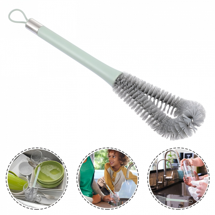 Perie de Curatat Pahare, Sticle, Biberoane, Flippy, cu Maner Lung, Uz Casnic, Silicon, Ergonomic, 3.9x5.4x38.5cm, Verde [4]