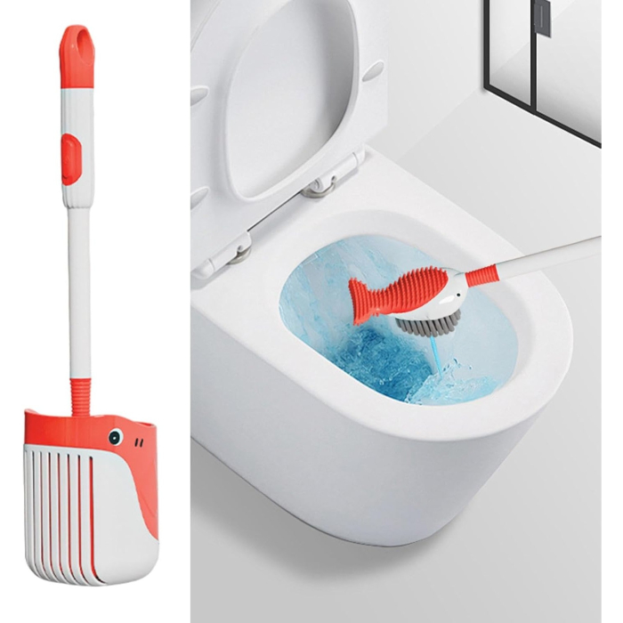 Perie de Toaleta, Flippy, cu Suport de Perete, Recipient Detergent, 2 Tipuri de Perii, Model Balena, Rosu [5]
