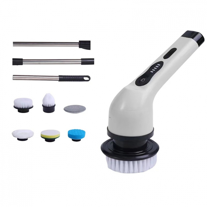 Perie Electrica de Curatare, Flippy, pentru Gresie, Baie, Bucatarie, 25x20x9.5 cm, cu 6 Capete, Maner Extensibil Detasabil 84-127cm, Incarcare USB-Type C, Rotire 360 de Grade, 3000 mAh, Culoare: Alb [1]