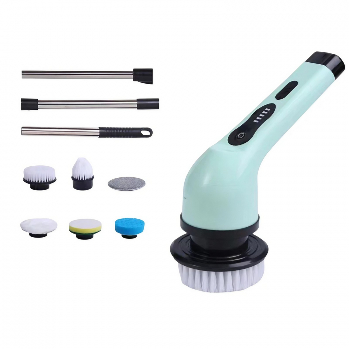Perie Electrica de Curatare, Flippy, pentru Gresie, Baie, Bucatarie, 25x20x9.5 cm, cu 6 Capete, Maner Extensibil Detasabil 84-127cm, Incarcare USB-Type C, Rotire 360 de Grade, 3000 mAh, Culoare: Verde [1]