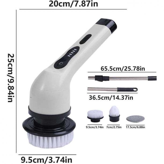 Perie Electrica de Curatare, Flippy, pentru Gresie, Baie, Bucatarie, 25x20x9.5 cm, cu 9 Capete, Maner Extensibil Detasabil 84-127cm, Incarcare USB-Type C, Rotire 360 de Grade, 3000 mAh, Culoare: Alb [8]