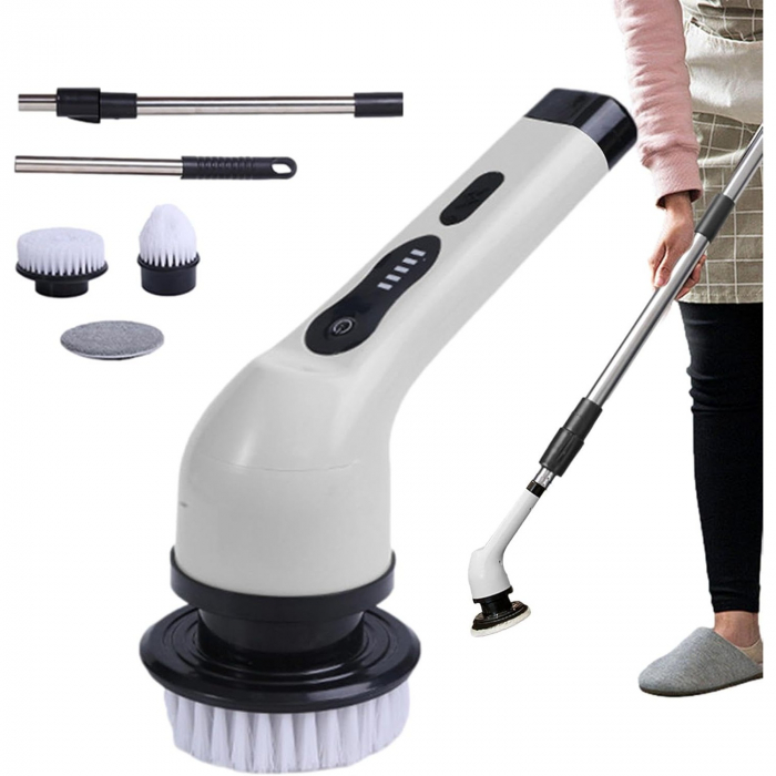 Perie Electrica de Curatare, Flippy, pentru Gresie, Baie, Bucatarie, 25x20x9.5 cm, cu 9 Capete, Maner Extensibil Detasabil 84-127cm, Incarcare USB-Type C, Rotire 360 de Grade, 3000 mAh, Culoare: Alb [5]