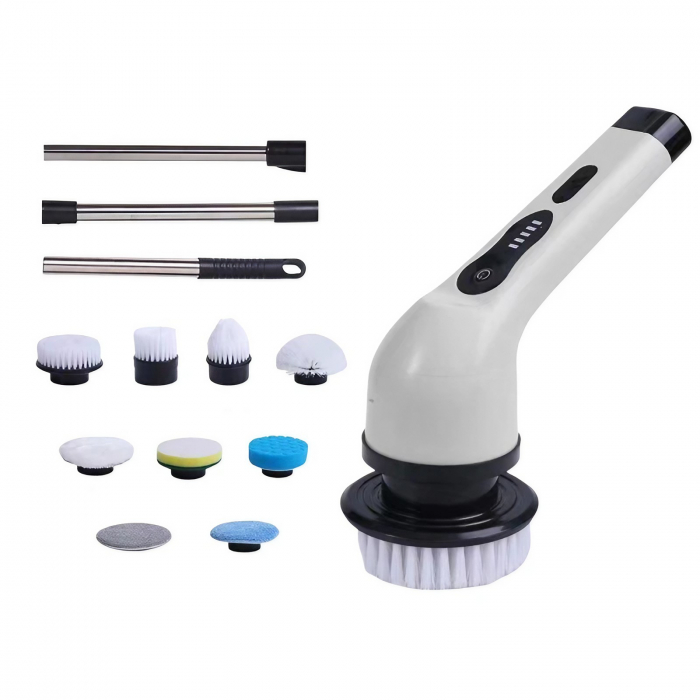 Perie Electrica de Curatare, Flippy, pentru Gresie, Baie, Bucatarie, 25x20x9.5 cm, cu 9 Capete, Maner Extensibil Detasabil 84-127cm, Incarcare USB-Type C, Rotire 360 de Grade, 3000 mAh, Culoare: Alb [1]