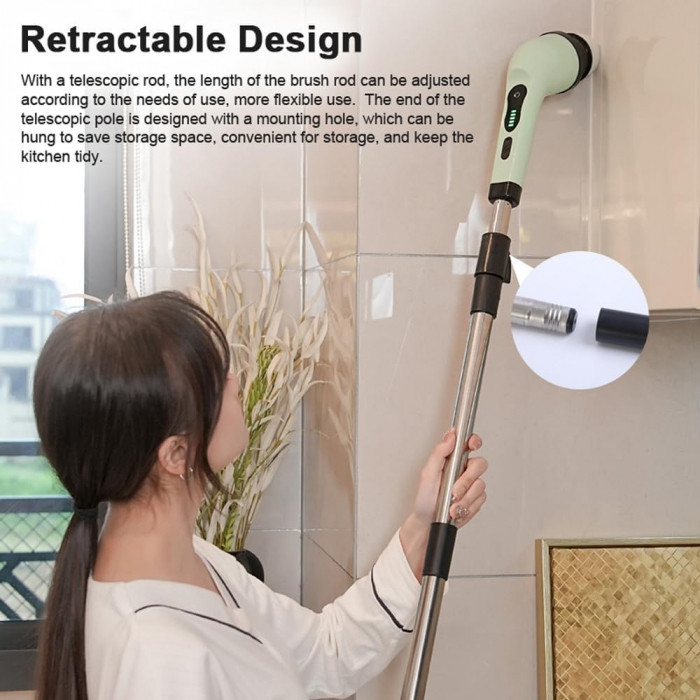 Perie Electrica de Curatare, Flippy, pentru Gresie, Baie, Bucatarie, 25x20x9.5 cm, cu 9 Capete, Maner Extensibil Detasabil 84-127cm, Incarcare USB-Type C, Rotire 360 de Grade, 3000 mAh, Culoare: Verde [6]
