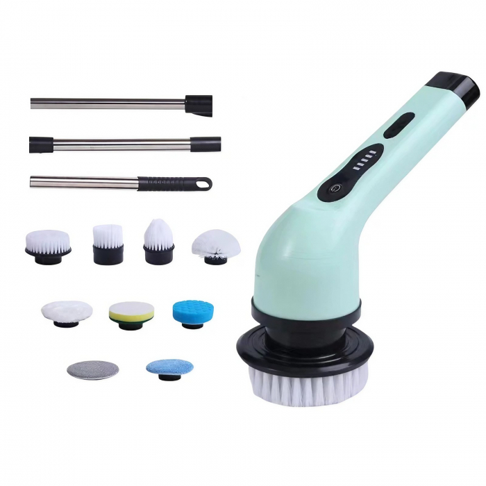 Perie Electrica de Curatare, Flippy, pentru Gresie, Baie, Bucatarie, 25x20x9.5 cm, cu 9 Capete, Maner Extensibil Detasabil 84-127cm, Incarcare USB-Type C, Rotire 360 de Grade, 3000 mAh, Culoare: Verde [1]
