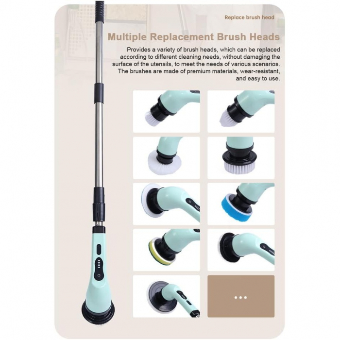 Perie Electrica de Curatare, Flippy, pentru Gresie, Baie, Bucatarie, 25x20x9.5 cm, cu 9 Capete, Maner Extensibil Detasabil 84-127cm, Incarcare USB-Type C, Rotire 360 de Grade, 3000 mAh, Culoare: Verde [10]