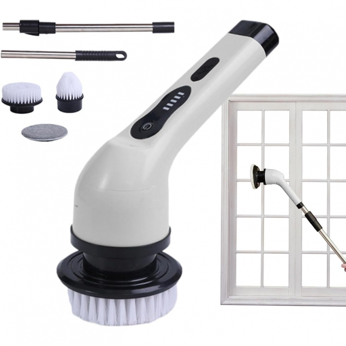 Perie Electrica de Curatare, Flippy, pentru Gresie, Baie, Bucatarie, 25x20x9.5 cm, cu 9 Capete, Maner Extensibil Detasabil 84-127cm, Incarcare USB-Type C, Rotire 360 de Grade, 3000 mAh, Culoare: Alb [12]