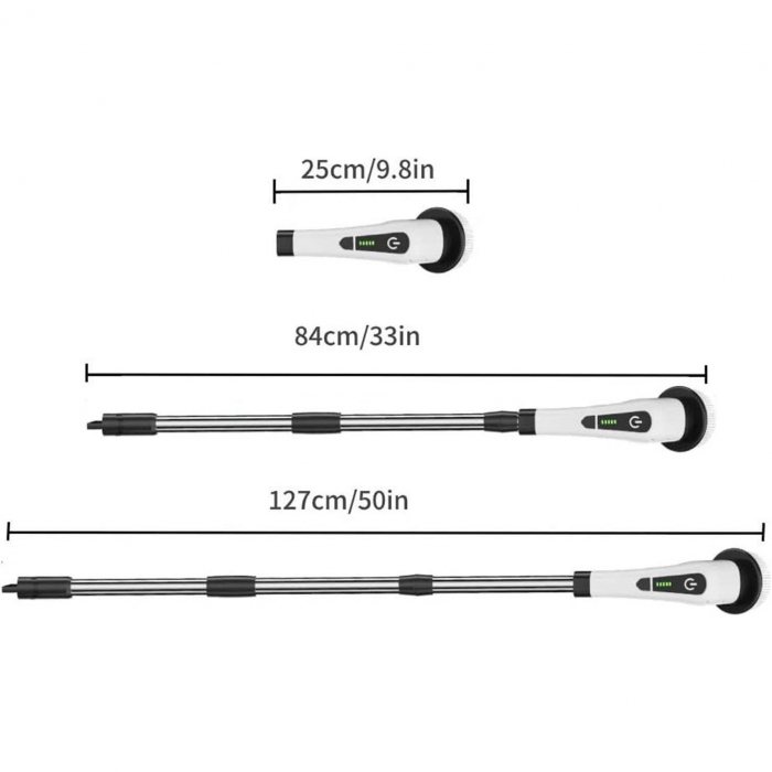 Perie Electrica de Curatare, Flippy, pentru Gresie, Baie, Bucatarie, 25x20x9.5 cm, cu 9 Capete, Maner Extensibil Detasabil 84-127cm, Incarcare USB-Type C, Rotire 360 de Grade, 3000 mAh, Culoare: Alb [13]