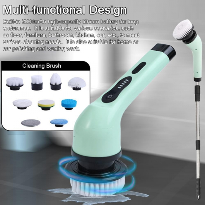 Perie Electrica de Curatare, Flippy, pentru Gresie, Baie, Bucatarie, 25x20x9.5 cm, cu 9 Capete, Maner Extensibil Detasabil 84-127cm, Incarcare USB-Type C, Rotire 360 de Grade, 3000 mAh, Culoare: Verde [5]