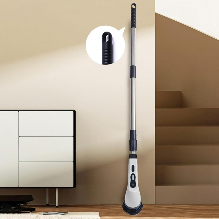 Perie Electrica de Curatare, Flippy, pentru Gresie, Baie, Bucatarie, 25x20x9.5 cm, cu 9 Capete, Maner Extensibil Detasabil 84-127cm, Incarcare USB-Type C, Rotire 360 de Grade, 3000 mAh, Culoare: Alb [10]