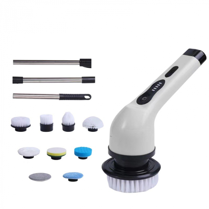 Perie Electrica de Curatare, Flippy, pentru Gresie, Baie, Bucatarie, 25x20x9.5 cm, cu 9 Capete, Maner Extensibil Detasabil 84-127cm, Incarcare USB-Type C, Rotire 360 de Grade, 3000 mAh, Culoare: Alb [3]