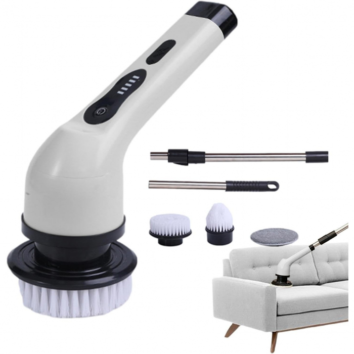 Perie Electrica de Curatare, Flippy, pentru Gresie, Baie, Bucatarie, 25x20x9.5 cm, cu 9 Capete, Maner Extensibil Detasabil 84-127cm, Incarcare USB-Type C, Rotire 360 de Grade, 3000 mAh, Culoare: Alb [6]