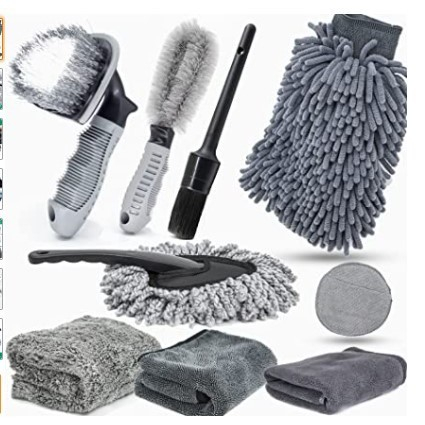 Set 9 Piese pentru Spalat Auto, Flippy, din Plastic si Microfibra, Perii si Lavete, Model B, Gri [1]
