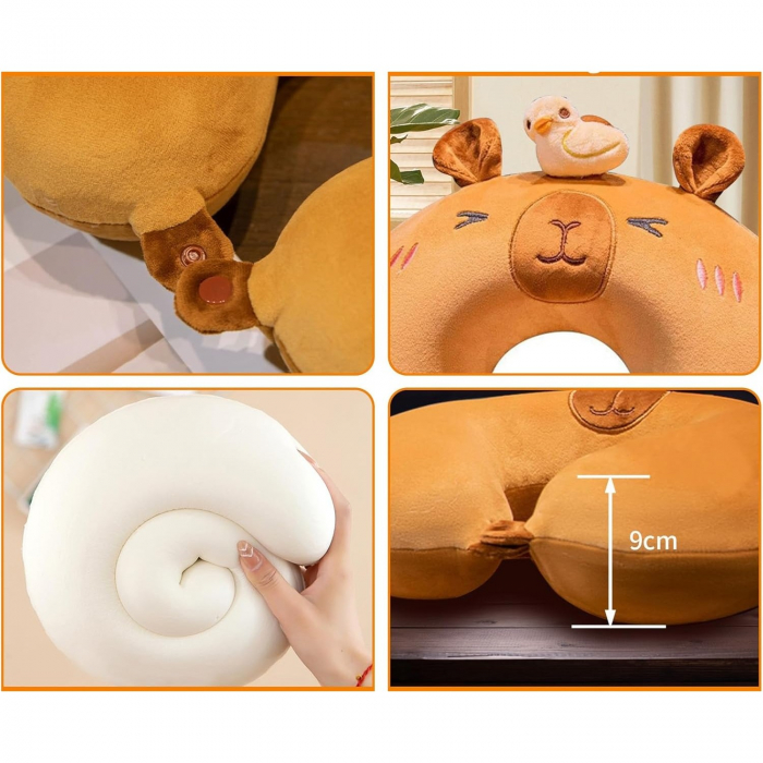 Perna de Calatorie in Forma de U, Flippy, Pentru Gat si Cap, Umplutura din Spuma cu Memorie, 30x30 cm, Model Capybara, Accesoriu de Voiaj, Birou, Masina, Sistem Prindere Capse, Maro [3]