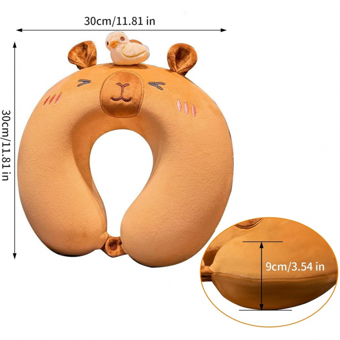 Perna de Calatorie in Forma de U, Flippy, Pentru Gat si Cap, Umplutura din Spuma cu Memorie, 30x30 cm, Model Capybara, Accesoriu de Voiaj, Birou, Masina, Sistem Prindere Capse, Maro [4]