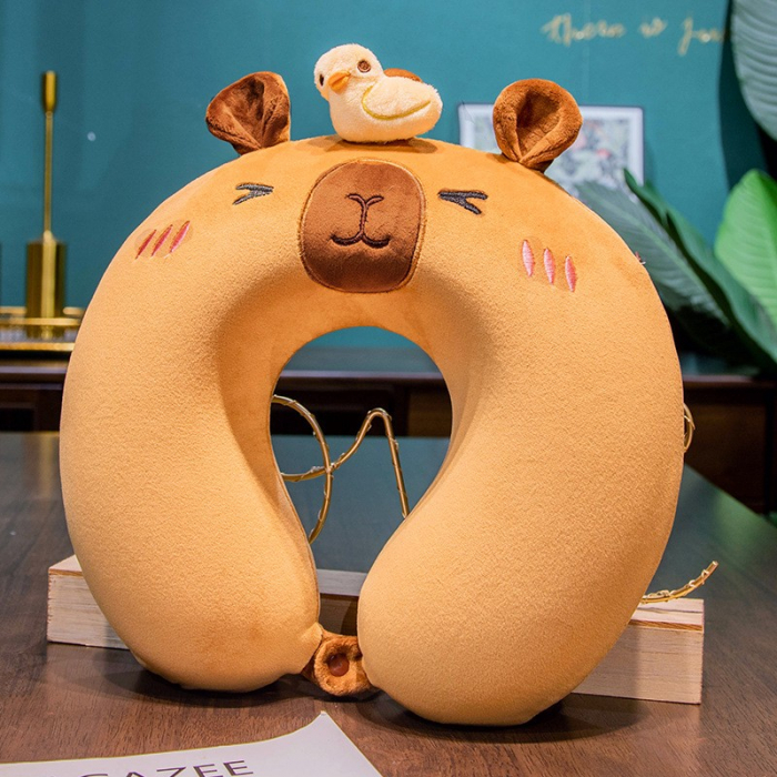 Perna de Calatorie in Forma de U, Flippy, Pentru Gat si Cap, Umplutura din Spuma cu Memorie, 30x30 cm, Model Capybara, Accesoriu de Voiaj, Birou, Masina, Sistem Prindere Capse, Maro [6]