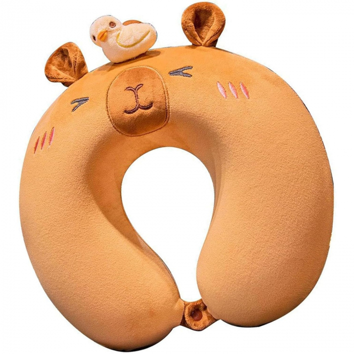 Perna de Calatorie in Forma de U, Flippy, Pentru Gat si Cap, Umplutura din Spuma cu Memorie, 30x30 cm, Model Capybara, Accesoriu de Voiaj, Birou, Masina, Sistem Prindere Capse, Maro [1]
