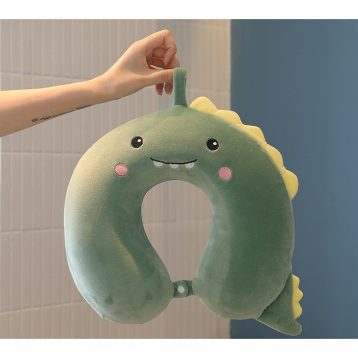 LICHIDARE Perna de Calatorie in Forma de U, Flippy, Pentru Gat si Cap, Umplutura din Spuma cu Memorie, 30x30 cm, Model Dinozaur, Accesoriu de Voiaj, Birou, Masina, Sistem Prindere Capse, Verde [5]