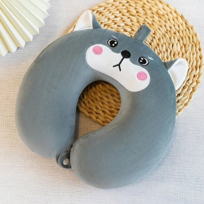 Perna de Calatorie in Forma de U, Flippy, Pentru Gat si Cap, Umplutura din Spuma cu Memorie, 30x30 cm, Model Husky, Accesoriu de Voiaj, Birou, Masina, Sistem Prindere Capse, Gri [2]