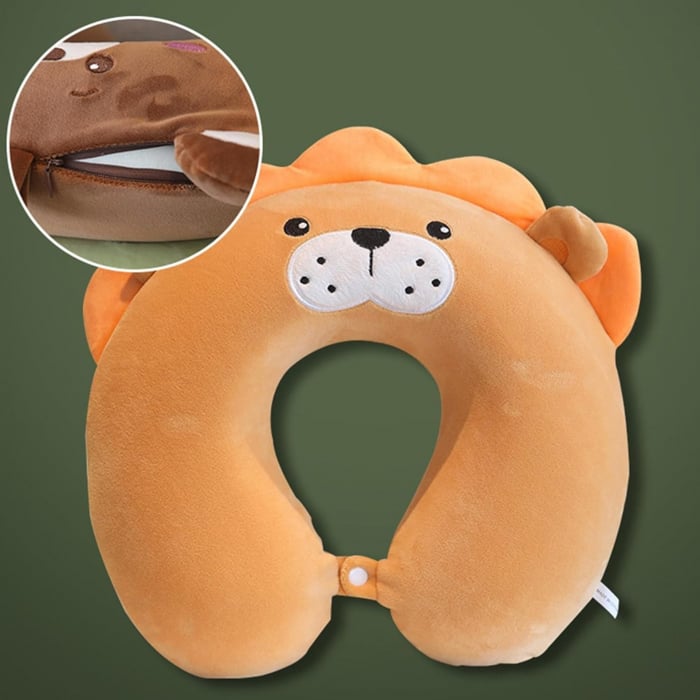 Perna de Calatorie in Forma de U, Flippy, Pentru Gat si Cap, Umplutura din Spuma cu Memorie, 30x30 cm, Model Leu, Accesoriu de Voiaj, Birou, Masina, Sistem Prindere Capse, Maro [2]