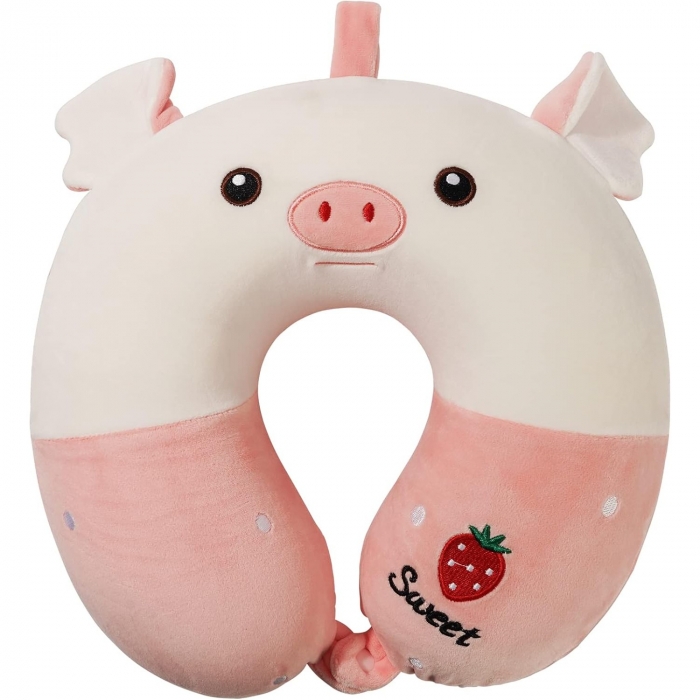 Perna de Calatorie in Forma de U, Flippy, Pentru Gat si Cap, Umplutura din Spuma cu Memorie, 30x30 cm, Model Purcelus, Accesoriu de Voiaj, Birou, Masina, Sistem Prindere Capse, Alb-Roz [1]