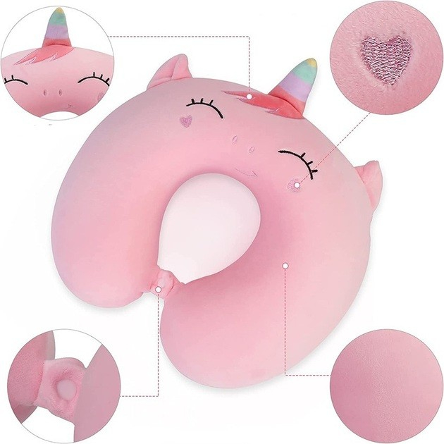 Perna de Calatorie in Forma de U, Flippy, Pentru Gat si Cap, Umplutura din Spuma cu Memorie, 30x30 cm, Model Unicorn, Accesoriu de Voiaj, Birou, Masina, Sistem Prindere Capse, Roz [2]