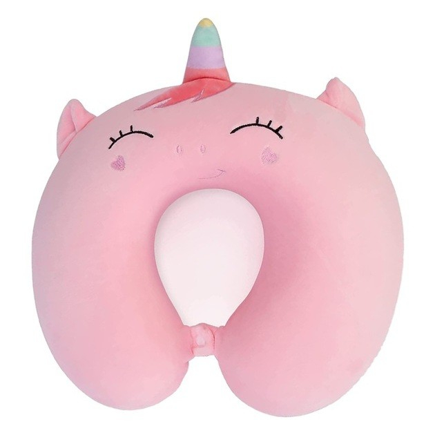 Perna de Calatorie in Forma de U, Flippy, Pentru Gat si Cap, Umplutura din Spuma cu Memorie, 30x30 cm, Model Unicorn, Accesoriu de Voiaj, Birou, Masina, Sistem Prindere Capse, Roz [1]