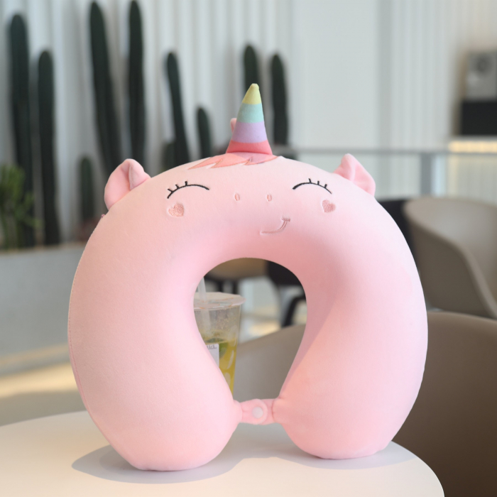 Perna de Calatorie in Forma de U, Flippy, Pentru Gat si Cap, Umplutura din Spuma cu Memorie, 30x30 cm, Model Unicorn, Accesoriu de Voiaj, Birou, Masina, Sistem Prindere Capse, Roz [6]