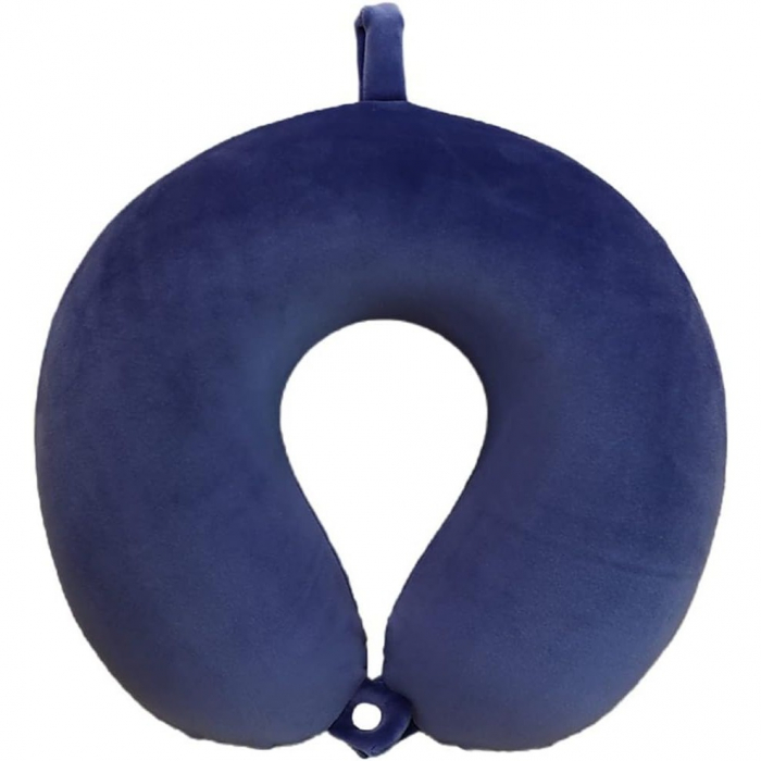 Lichidare Perna de Calatorie in Forma de U, Flippy, Pentru Gat si Cap, Umplutura din Spuma cu Memorie, 30x30 cm, Sistem Prindere Capse, Cutie de Depozitare, Albastru Marin [4]