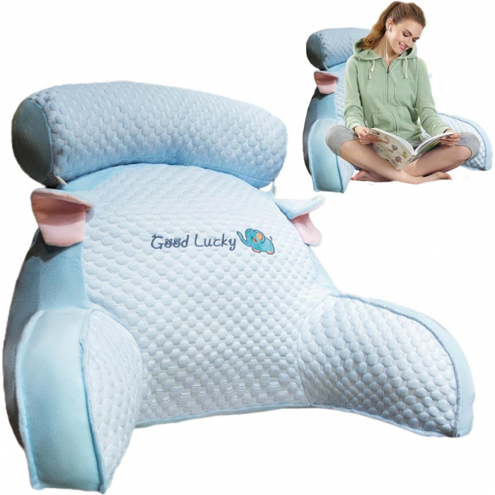 Perna Multifunctionala, Flippy, Spatar pentru Pat, Protectie Lombara, Marime Medie, 60 x 40 cm, din Plus, Model Elefant, Albastru [2]