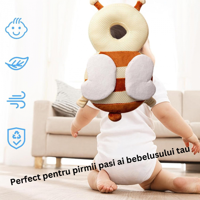 Perna tip Rucsac pentru Protectia Capului, Flippy, Tetiera tip Albina, pentru Bebelusi, Design tip Plasa, 33x6x19 cm, 180 g, Maro/Bej [8]