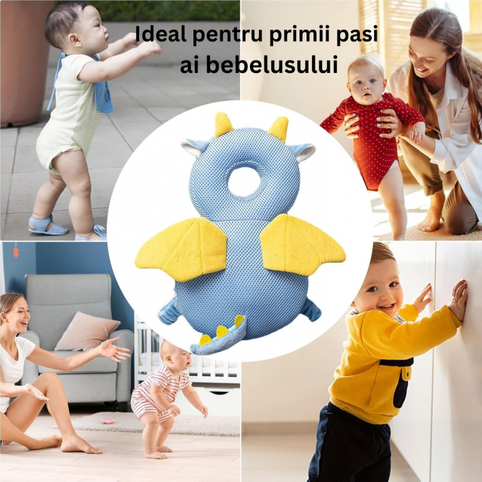 Perna tip Rucsac pentru Protectia Capului, Flippy, Tetiera tip Dragon, pentru Bebelusi, Design tip Plasa, 33x6x19 cm, 180 g, Albastru [7]
