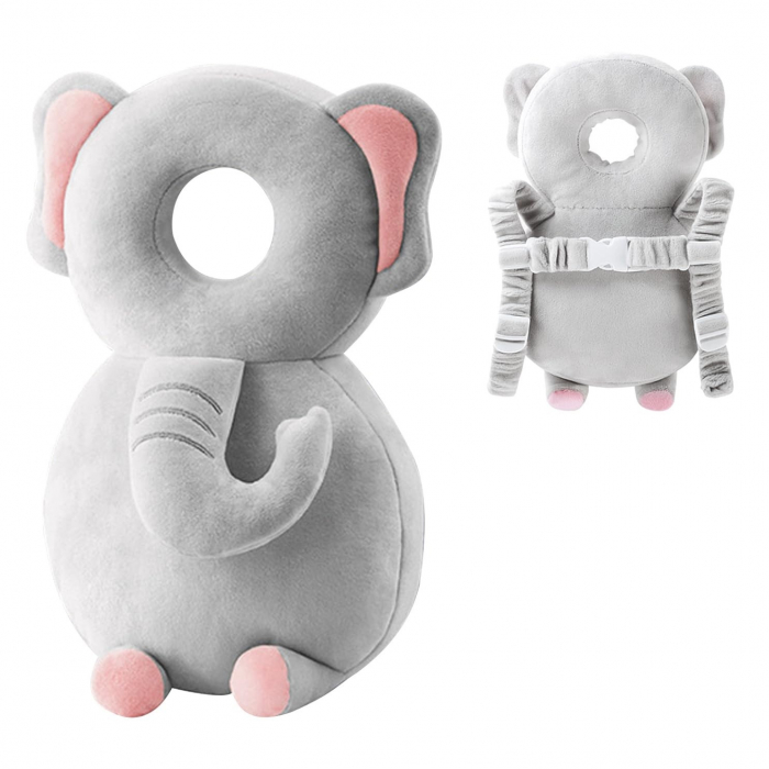 Perna tip Rucsac pentru Protectia Capului, Flippy, Tetiera tip Elefant de Plus, pentru Bebelusi, 33x6x19 cm, 180 g, Gri [12]