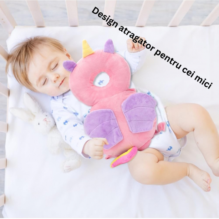 Perna tip Rucsac pentru Protectia Capului, Flippy, Tetiera tip Unicorn, pentru Bebelusi, 33x6x19 cm, 180 g, Roz [7]
